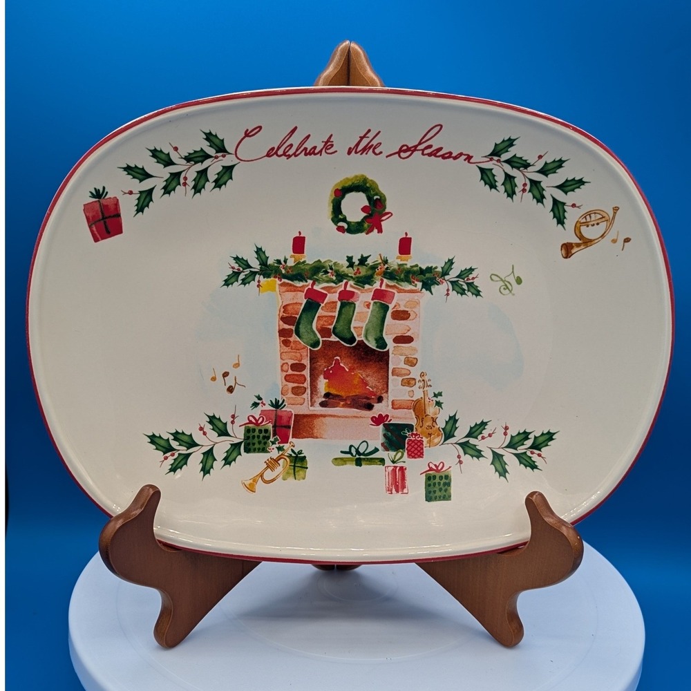 Lenox Holiday Celebrate the Season Oval Serving Platter Tray Fireplace 10.5 Inch